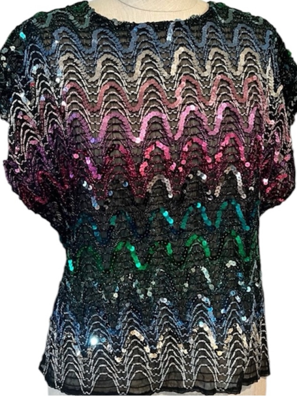 Vtg Choice Black Sequin Ombre Wave Top with Multicolor Accents